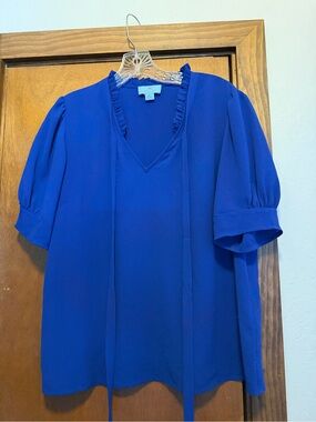 CeCe Royal Blue V-Neck Ruffle-Trim Blouse